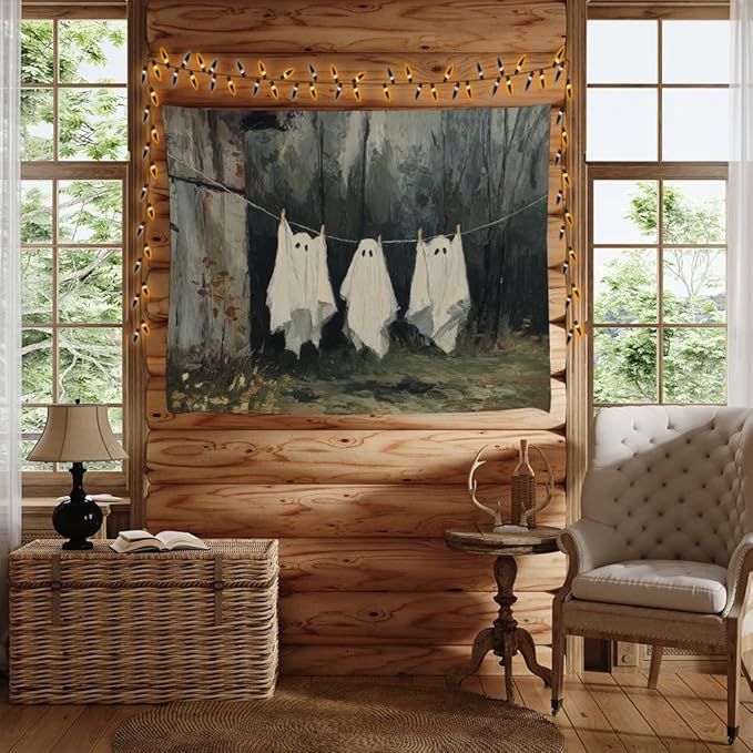 Vintage Halloween Tapestry Funny Ghosts on Clothesline Tapestry Wall Hanging Farmhouse Gothic Room Decor Spooky Ghost Prints for Dark Academia Halloween Party House Decoration Tapestries 40x60inch