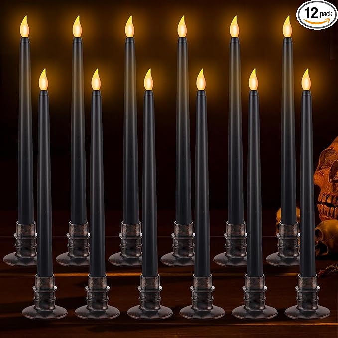 Alphatool 12 Pcs Halloween Black LED Flameless Candles with Bases - Flicker Flame, Tall Taper Smokeless Dripless Candles, Decor for Fireplace Diningtable Bar School