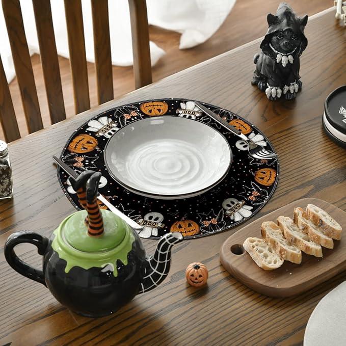 Artoid Mode Ghost Cat Halloween Round Placemats Set of 6, 14 Inch Table Mats for Party Kitchen Dining