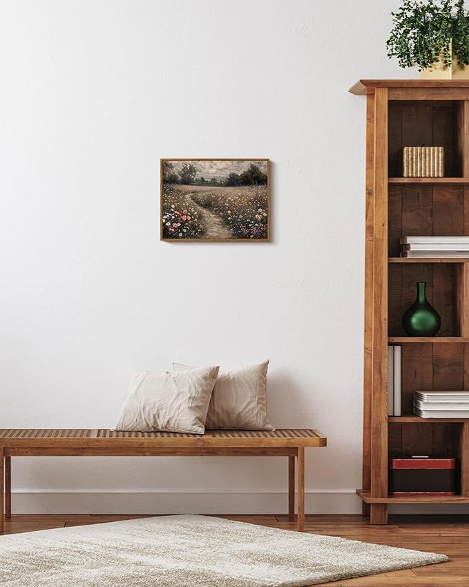 VIYYIEA Framed Canvas Wall Art Home Decor Vintage Landscape Nature Country Wildflower Paintings Farmhouse Pictures Floral Artwork Rustic Flower Prints Cottagecore Living Room Bedroom Bathroom 12x16in