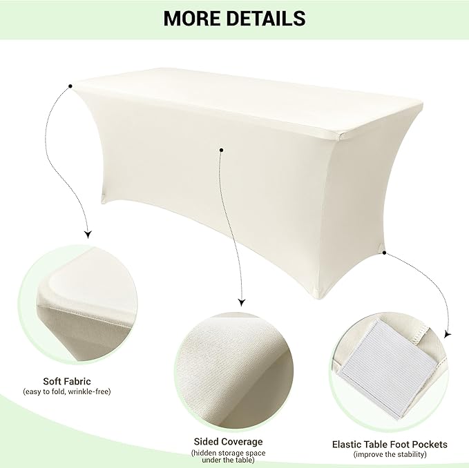 Obstal 6ft Stretch Spandex Table Cover for Standard Folding Tables - 2 Pack Universal Rectangular Fitted Tablecloth Protector for Wedding, Banquet and Party, 72L x 30W x 30H Inches, Cream, 2pc