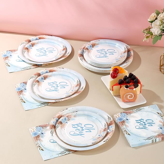 168 Pcs Baby Boy Shower Decorations, Its A Boy Baby Shower Decorations, Blue Baby Shower Plates and Cups and Napkins Sets Serves 24, Boho Fall Oh Baby