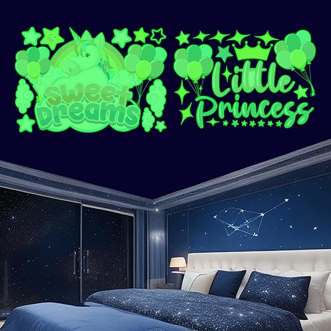 Glow in The Dark Stickers, 89 PCS Glow Stars Unicorn Ceiling Stickers Unicorn Rainbow Sweet Dreams Wall Decals for Kids Girls Bedroom Nursery Playroom Party Room Decor