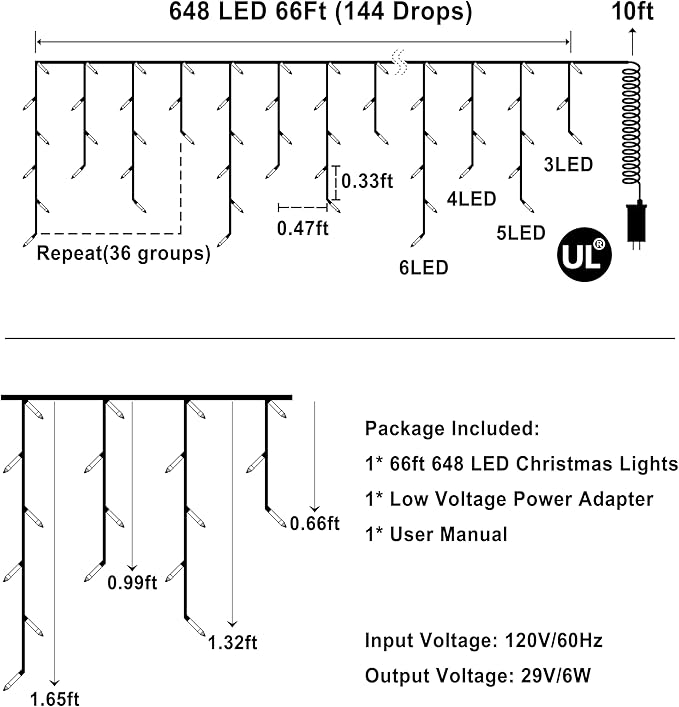 648 LED Christmas Lights with 144 Drops, 66ft 8 Modes Christmas String Lights Outdoor, Waterproof Christmas Decorations Fairy Lights with Timer Memory for Xmas Party Patio Window Fence Multicolor