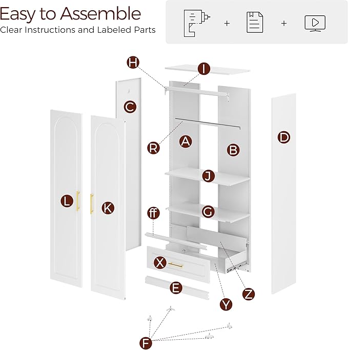 Metal Armoire Wardrobe Closet with 2 Doors, 71" Tall Wardrobe Cabinet with Hanging Rod, Drawers and Adjustable Shelves, White Clothing Storage Cabinets for Bedroom, Home Office