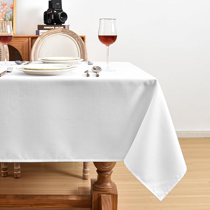 Fitable Faux Linen White Tablecloths for Rectangle Tables - 90 x 132 Inch - 6 Pack Fabric Textured Washable Table Clothes Floor Lenghth Table Covers for Wedding, Party, Banquet, Birthday