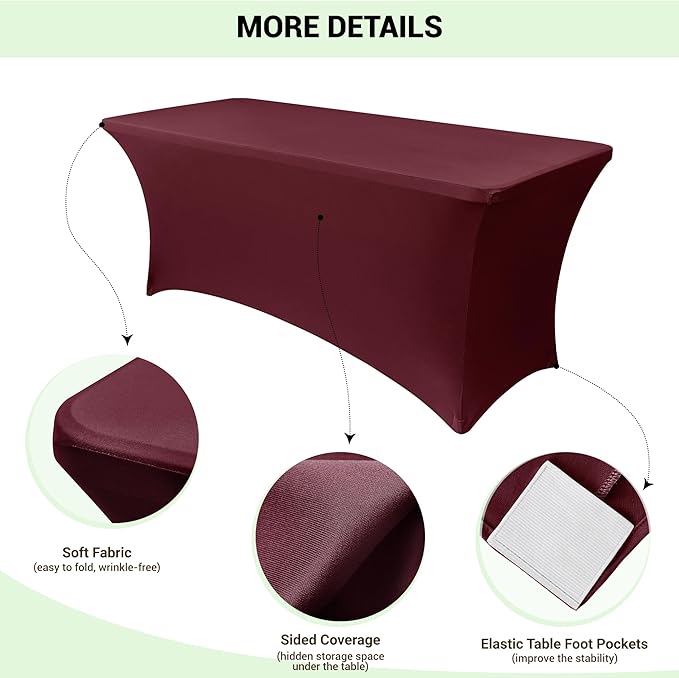 Obstal 8Ft Stretch Spandex Table Cover for Standard Folding Tables - 2 Pack Universal Rectangular Fitted Tablecloth for Party, Banquet, Events, Trade Show (Wine Red, 96L x 30W x 30H Inches)