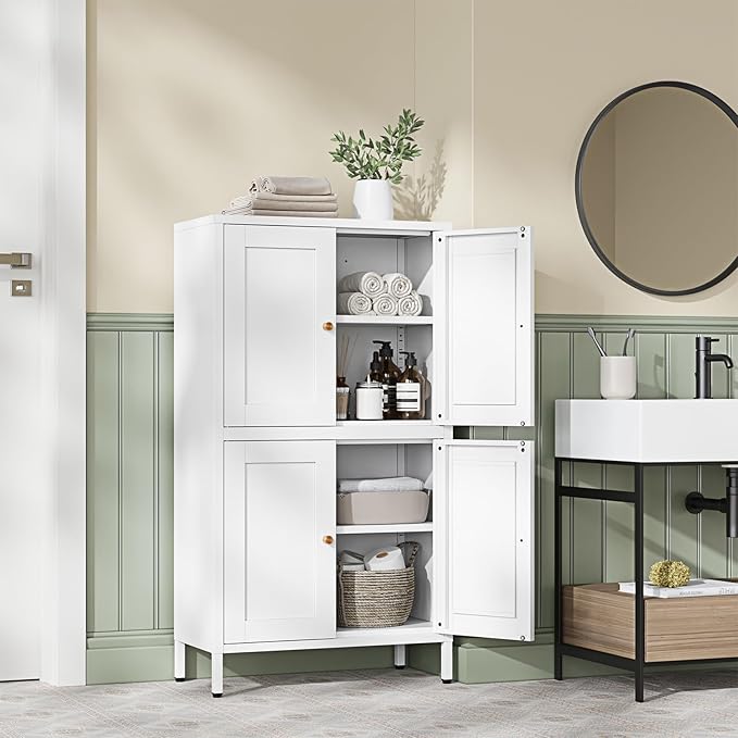 Letaya Storage Cabinet with Doors and Shelves,Small Freestanding Bathroom Floor Metal Cabinets -White