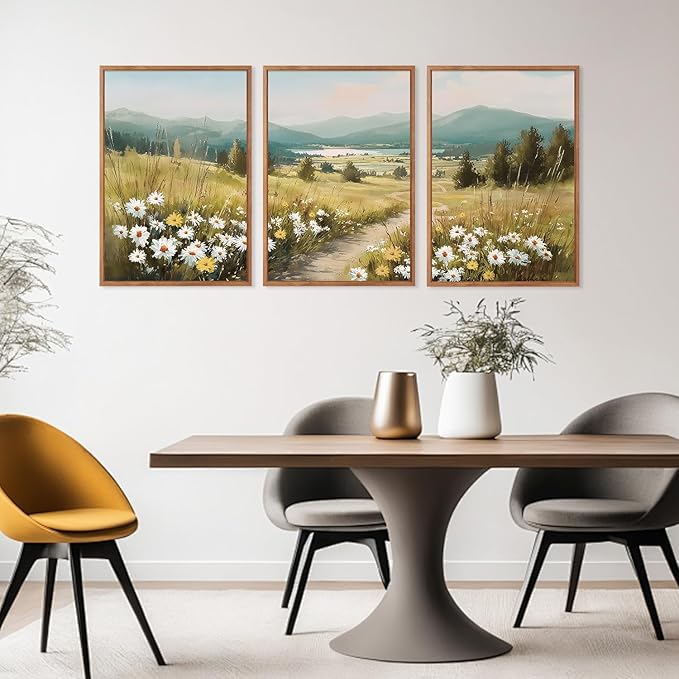 KAIRNE Field Canvas Wall Art,Vintage Landscape Wall Decor,Wildflower Prints Set of 3(16”X24”),Nature Botanical Floral Posters,Rustic Paintings for Kitchen Living Room Bedroom Farmhouse Decor,Framed