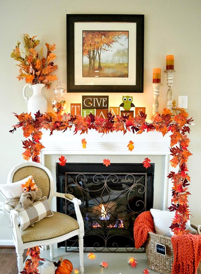 2 Pack Fall Maple Leaf Garland Artificial Maple Garland, Autumn Hanging Fall Leave Vines for Indoor Outdoor Wedding Thanksgiving Dinner Party Decor
