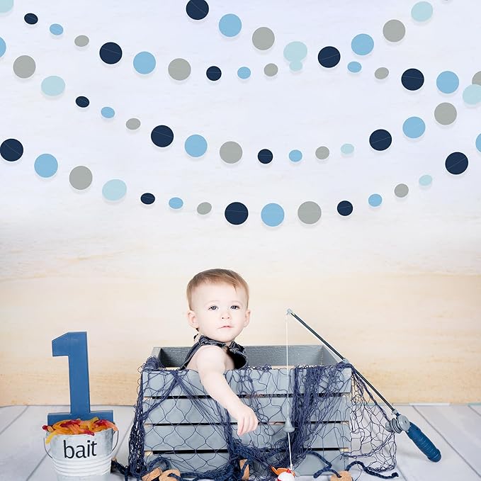 Dusty Blue Party Decorations Navy Blue Circle Dots Garland Gray Blue Hanging Paper Polka Dot Streamer for Wedding Baby Shower Engagement Bridal Shower Birthday Graduation Nautical Theme Party Supplies