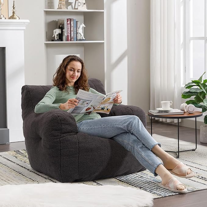 Recaceik Bean Bag Chairs, Tufted Soft Stuffed Bean Bag Chair with Filler, Fluffy Lazy Sofa, Imperial Lounger Giant Bean Bag Chair for Bedroom, Living Room, Dark Black