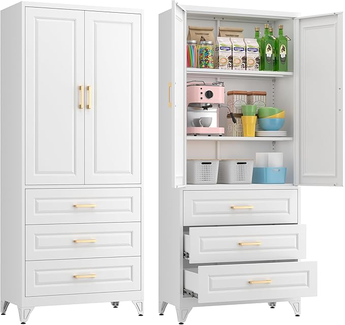 75" Kitchen Pantry Cabinet, Metal Storage Cabinets with Doors and Adjustable Shelves, White Tall Pantry Cabinet with 3 Drawers for Dinning Living Room