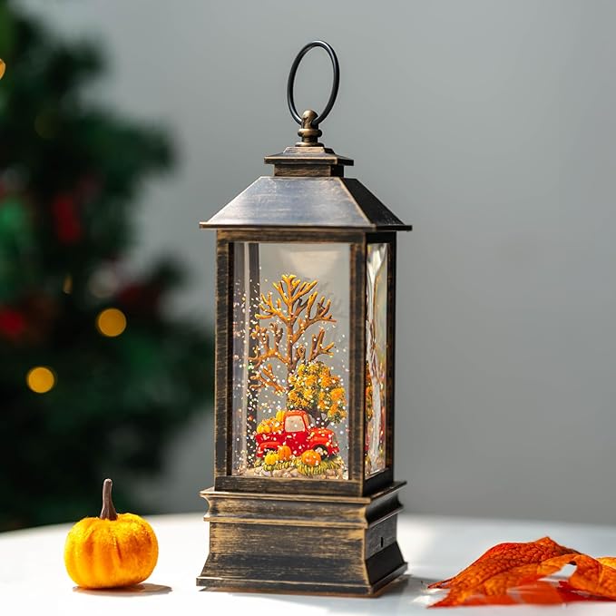 Fall Snow Globe Lantern Thanksgiving Glittering Lighted Lantern, Fall Harvest Day Decorations Gifts, Home Fall Halloween Decor (Pumpkins &Truck)