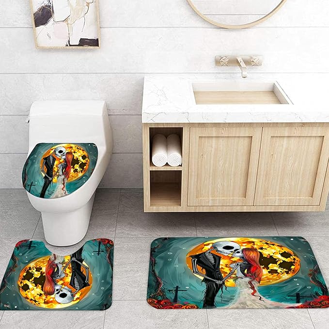 NEWSUYAA Halloween Decorations Shower Curtain Set with Non-Slip Rugs and Bath Mats,Black Skull Skeleton Bathtub Curtains with 12 Hooks,All Saints'Day (Nov 1st) Bathroom Decor
