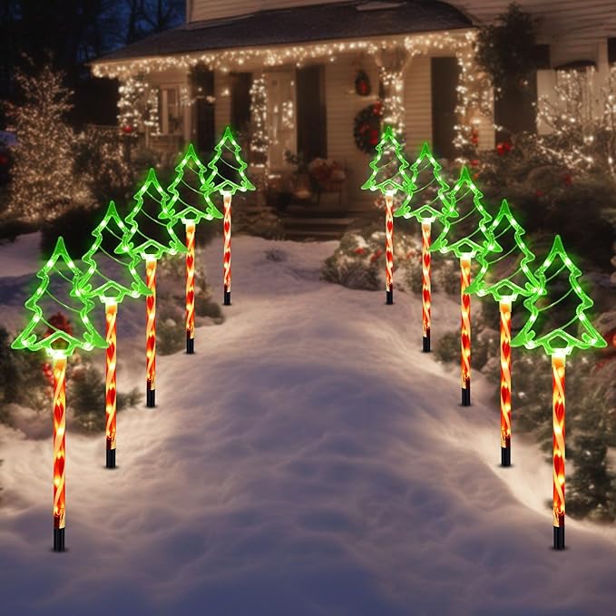 Christmas Solar Pathway Lights Outdoor Decorations, 8 Modes Xmas Tree Candy Lights Waterproof Led Garden Stake Light for Walkway Yard Lawn Porch Holiday Decor 10-Pack (Red Tube Tree, 10 Pack)