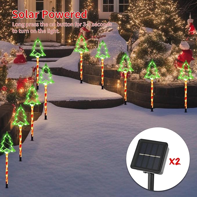 Christmas Solar Pathway Lights Outdoor Decorations, 8 Modes Xmas Tree Candy Lights Waterproof Led Garden Stake Light for Walkway Yard Lawn Porch Holiday Decor 10-Pack (Red Tube Tree, 10 Pack)