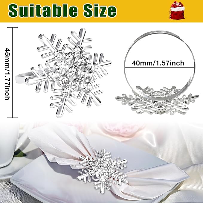 Halatool Set of 8 Christmas Napkin Rings Silver Snowflake with White Rhinestone Napkin Holder for Christmas Thanksgiving Holiday Party Table Decoration