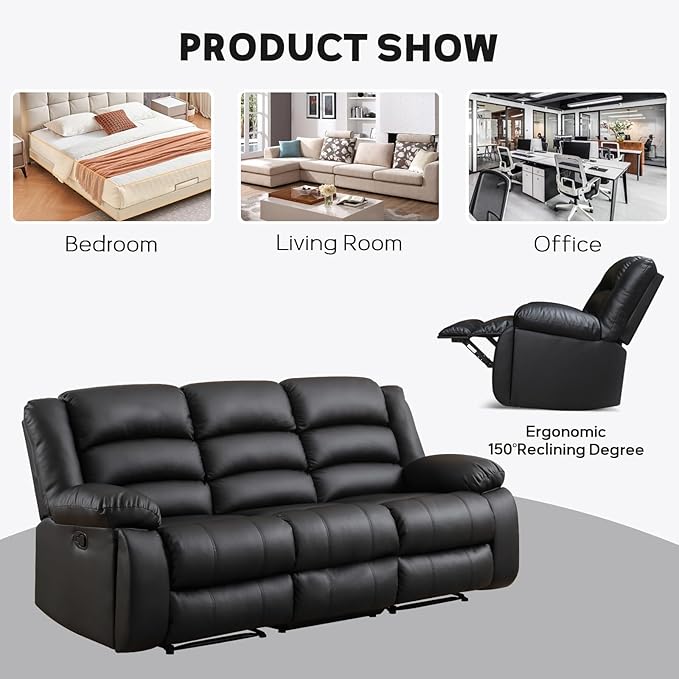 EBELLO Faux Leather Manual Recliner Sofa Set, 2 Recliner Chair, 3 Seat Reclining Sofa, Couch Set for Living Room, Bedroom, Meeting Room, Black (2Recliner+Sofa)