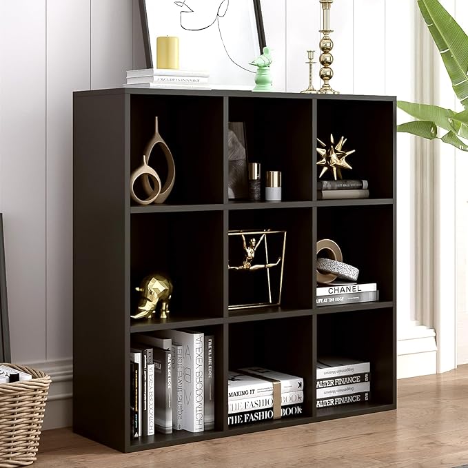 9-Cube Storage Shelf Bookcase - Wooden 3-Tier Free Standing Open Bookshelf for Home and Office, Organizer Cabinet in Black