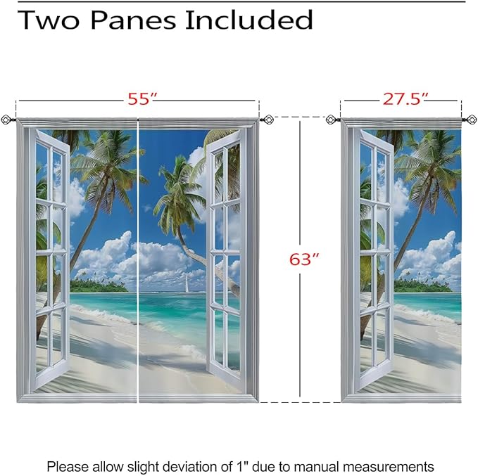 Beach Blackout Curtains for Girls Boys Teens Home Decor, Tropical Summer Scene Ocean Island Palm Tree Grommet Thermal Insulated Drapes Darkening Window Curtain for Bedroom Living Room, 55 x 63 Inch