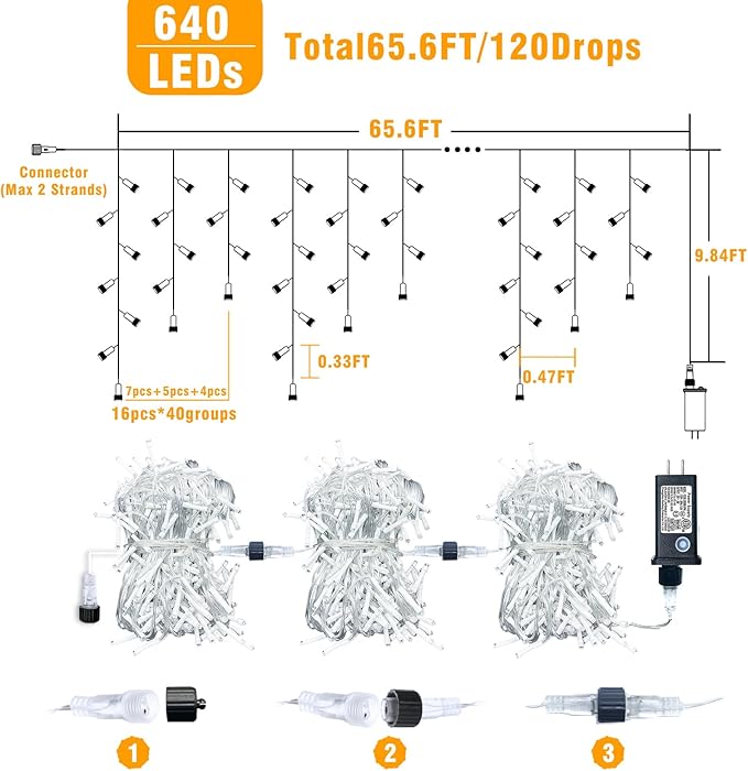 66ft Icicle Lights for Outside, Red and Green Christmas Lights Outdoor Indoor, 640 LED Twinkle String Lights with 120 Drops, Clear Wire Short Curtain Light for Thanksgiving Room Home Wall Bedroom