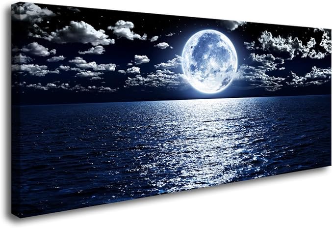 Cao Gen Decor Art S06975 Wall Art Canvas Prints Moon Sea Ocean Landscape 1 Panels Full Moon in Cloud Pictures Paintings Stretched and Framed for Living Room Bedroom Kicthen Office Artwork 30x60inch