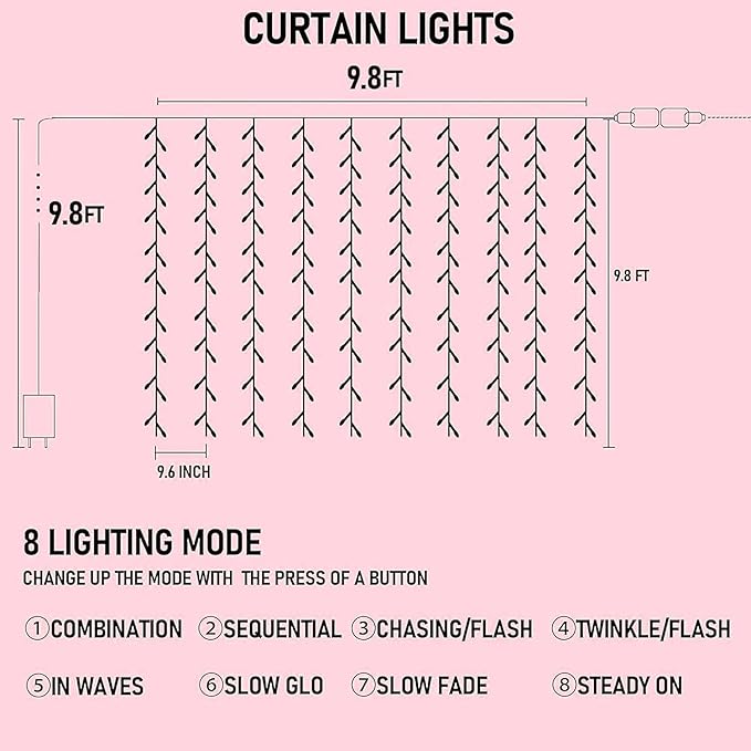 Dazzle Bright 300 LED Curtain String Lights, Valentine's Day Fairy Lights for Bedroom with 8 Lighting Modes, Connectable Waterproof Window Lights Party Wedding Garden Wall Christmas Decor, Pink