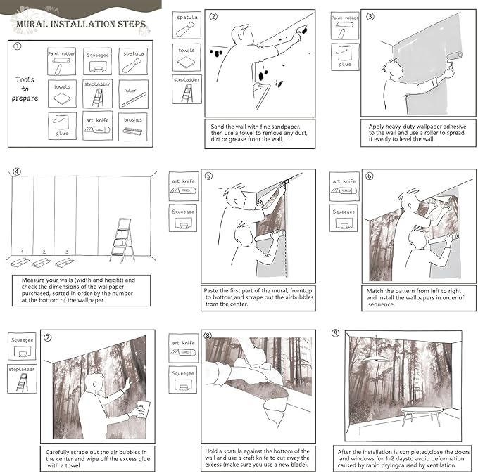 AFZEVEB-Forest Wallpaper Vintage Trees with Deer Wall murals for Bedroom 136"x96" (Not Peel and Stick)