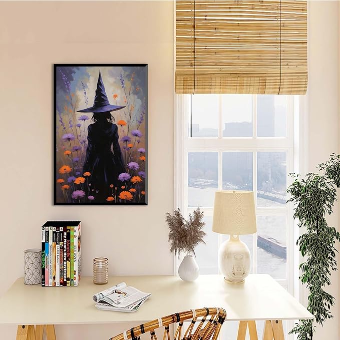 JFHCQJPK Country wildflower witch canvas print halloween mashup art witch purple decoration bohemian elegant art poster24x36in Metal blackFramed