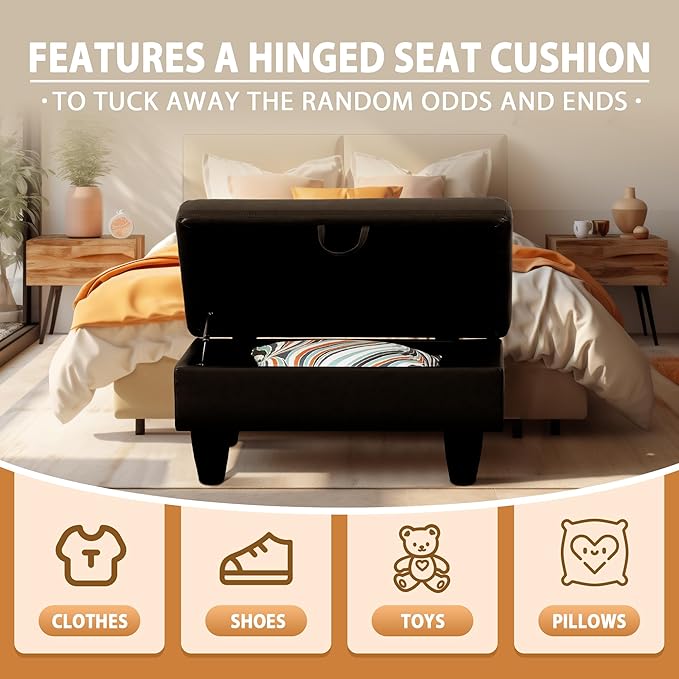 Ottoman Rectangular Storage Ottoman Bench, Faux Leather Footrest, Coffee Table, Stool Footstool with Hinged Lid for Living Room, Bedroom, Entryway, Black, 28.5"x19"x17.5"