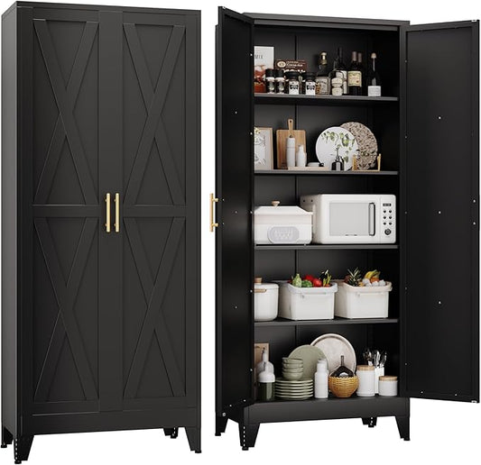 71" H Metal Kitchen Pantry Storage Cabinet, Freestanding Cupboard with 2 Doors and 4 Adjustable Shelves, Standing Storage for Kitchen, Bathroom, Garage, Dinning Room or Utility Room(Black)