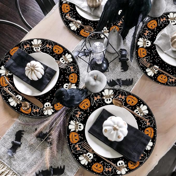 Artoid Mode Ghost Cat Halloween Round Placemats Set of 6, 14 Inch Table Mats for Party Kitchen Dining