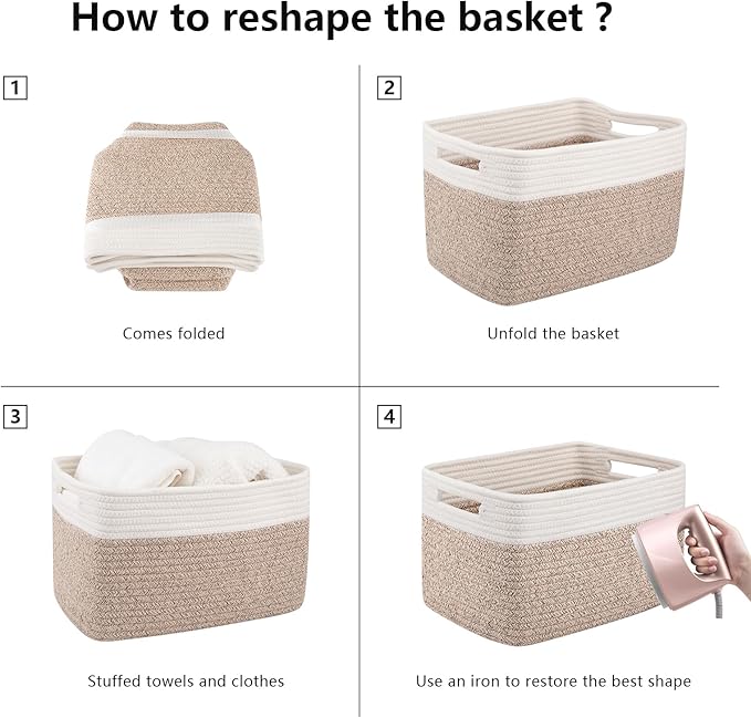 OIAHOMY 4 Pack Storage Baskets for Organizing, Basket for Shelves with Handle, Woven Baskets for Storage Toys, Towels, Books, Cotton Rope Basket 13" L x 9 " W x 7.8 " H, Brown & White