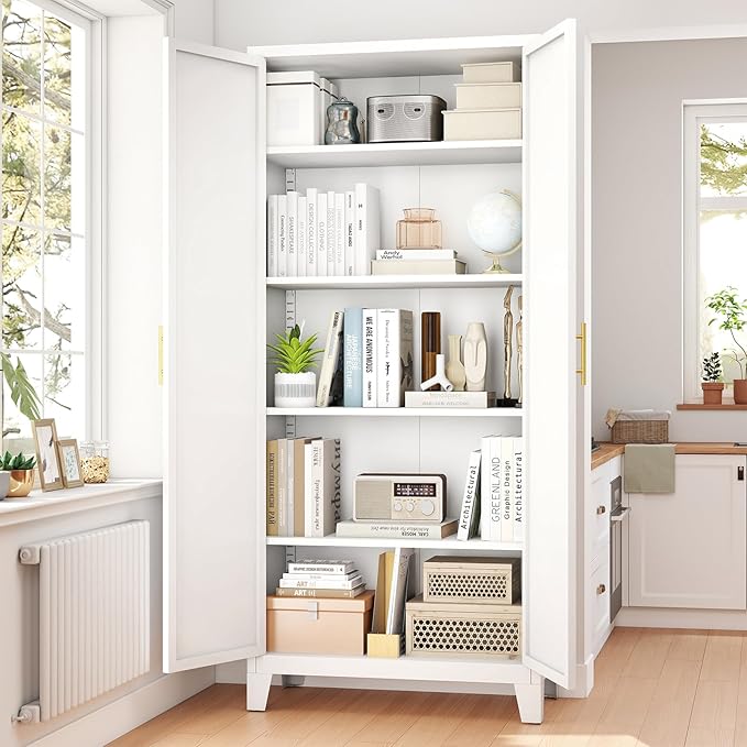 70.87" H Metal Kitchen Pantry Cabinet, Freestanding Cupboard with 2 Doors and 4 Adjustable Shelves, Tall Metal Storage Cabinet for Kitchen, Bathroom, Dinning Room or Laundry Room (White)