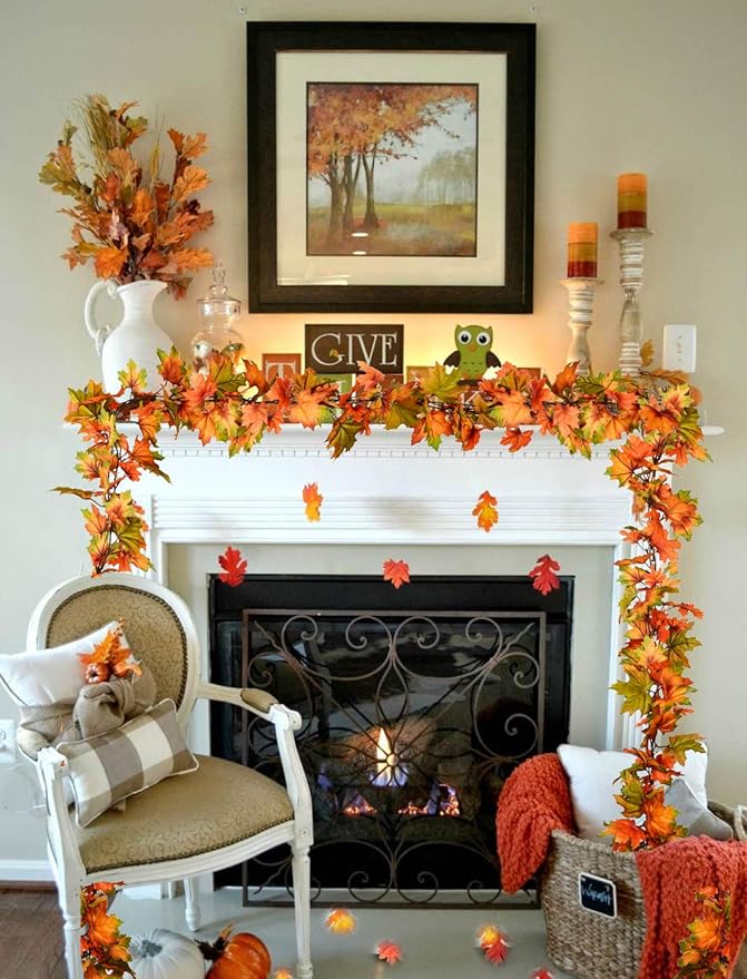 2 Pack Fall Maple Leaf Garland Clearance - 6.5ft/Piece Artificial Foliage Garland Autumn Hanging Fall Leave Vines for Indoor Outdoor Wedding Thanksgiving Dinner Party Decor