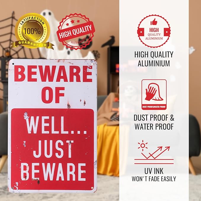 Alotpower Halloween Decorations Metal Tin Sign for Outdoor Yard, Garage Wall, Rustic Vintage Beware of Well Just Beware, 7.8x11.8in
