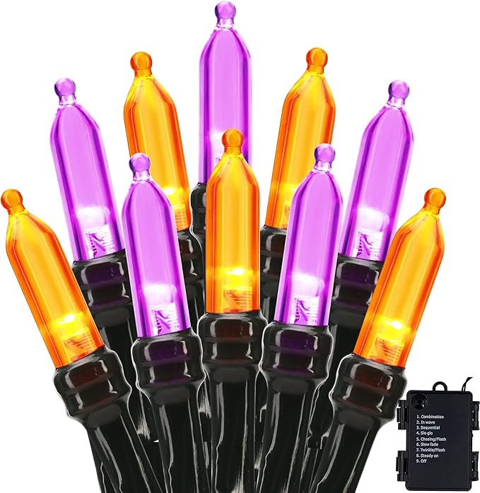 BrizLabs Orange Purple Halloween Lights, 33ft 100 LED Battery Halloween Lights, 8 Modes Orange Purple String Light with Timer, Indoor Outdoor Mini Battery Light for Outside Tree Bedroom Patio Decor