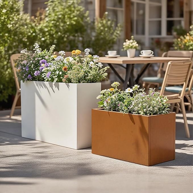 Corten Steel Corner Metal Planter Box Garden Steel Planter Pot for Patio Modern Farmhouse Rustic Design (L32 x W12 x D16, Rusted)