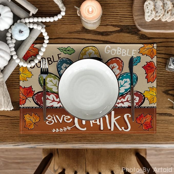 Artoid Mode Turkey Give Thanks Thanksgiving Placemats Set of 4, 12x18 Inch Seasonal Table Mats for Party Kitchen Dining Decoration