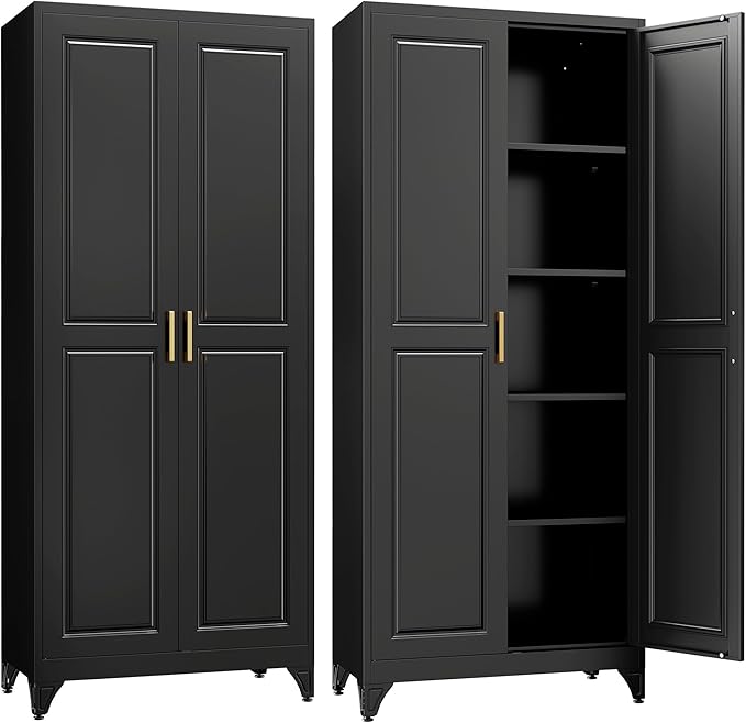 Kitchen Pantry Cabinet,75”Black Metal Storage Cabinets with Doors and 4 Adjustable Shelves,Kitchen Cabinet with 2 Gold Handles,Tall Cabinet for Livingroom, Bathroom