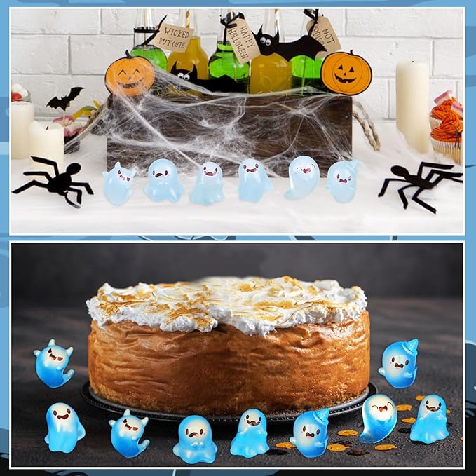 KIMOBER 24PCS Mini Luminous Ghost Miniature Figurines,Assorted Spooky Glow in Dark Resin Ghost Tiny Elf Figures for Fairy Garden Micro Landscape Decor Cake Topper Halloween(Assorted Ghost)