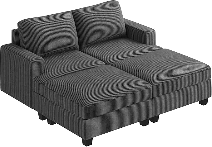 Nolany Corduroy Sectional Couch with Storage Ottoman, Sleeper Sectional Sofa, Modular Sectional Couches for Living Room, Dark Grey
