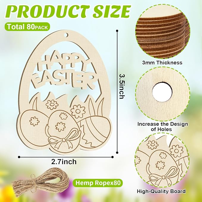 80PCS Wooden Easter Ornaments to Paint, 10 Styles DIY Blank Unfinished Wood Egg Cutouts Ornament for Crafts Hanging Decorations Happy Easter Hallow Egg Rabbit Bunny Butterfly Flower Hen