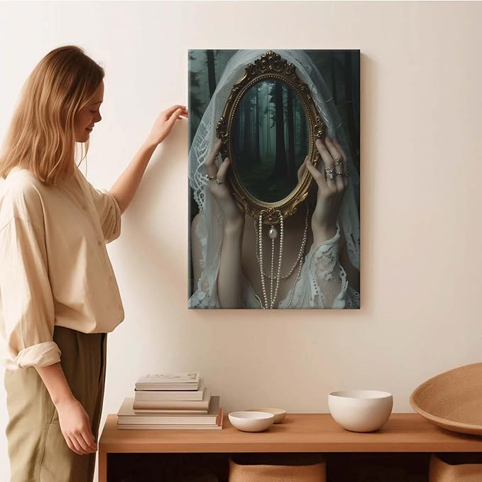 Mirror face covering dark art poster print melancholy gothic painting vintage feminine print victorian style decoration antique art8x12in Wood Framed
