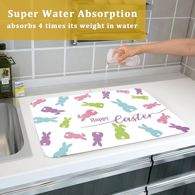 Easter Dish Drying Mat for Kitchen Counter Colorful Bunny Rabbit Festival Holiday Seasonal Absorbent Reversible Microfiber Kitchen Countertop Protector Dishes Pad Large 18x24 inch