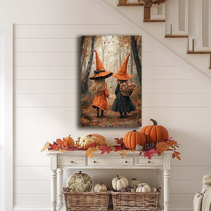 Fall Wall Art Witch Picture Decor,Little Girl Witch Halloween Wall Art, Vintage Autumn Whimsical Woodland Forest Picture, Family Room Nursery Playroom Children Room Decoration,20"x30" Framed