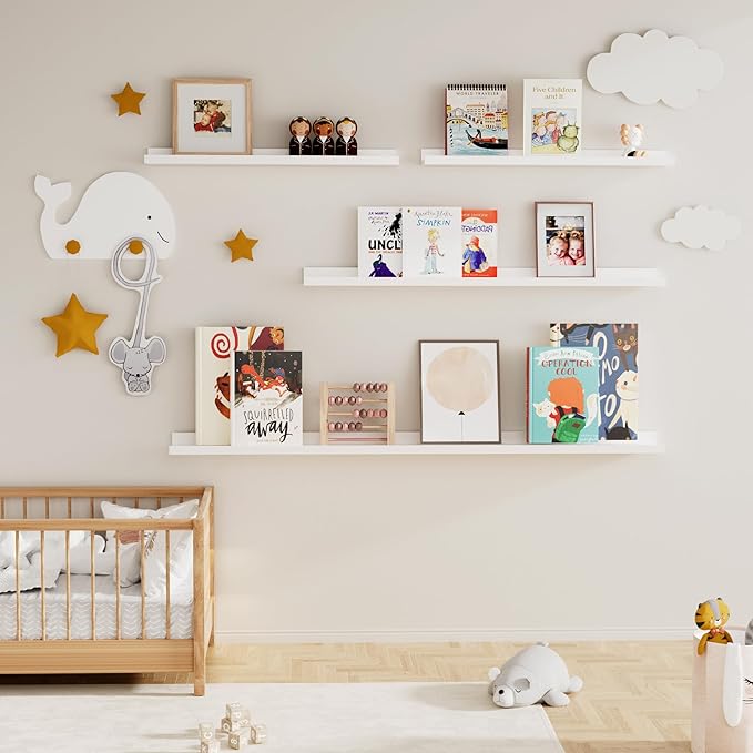 Picture Ledge Shelf for Wall, Floating Shelves Set of 4, 36 Inch Long Nursery Book Shelves for Toys Storage, Kids Bookshelf Wall Mounted for Books Photo Frames, White