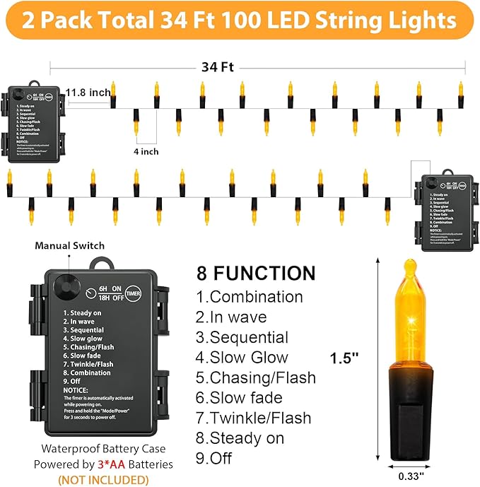 100 LED Orange Halloween Lights, 2 Pack 17FT Mini String Lights Battery Operated Orange Fairy Light 8 Modes Timer Waterproof for Indoor Outdoor Patio Tree Holiday Party Fall Halloween Decor