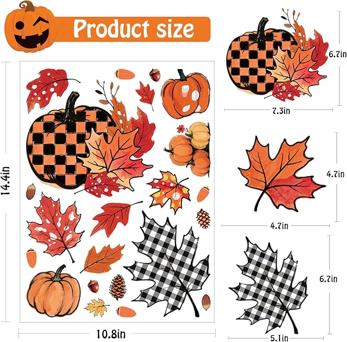 8 Sheets Fall Decorations, 178 Pcs Fall Window Clings, Double Sided Autumn Stickers with Maple Leaves Pumpkin Nuts Pine Cones for Party Thanksgiving Decor Indoor Outdoor Accessories